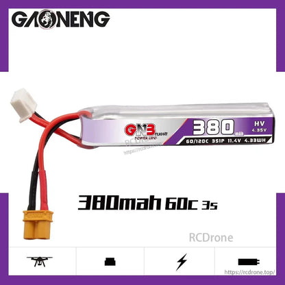 GNB 380mAh 60C 3S battery graphic showing side label and XT30 lead