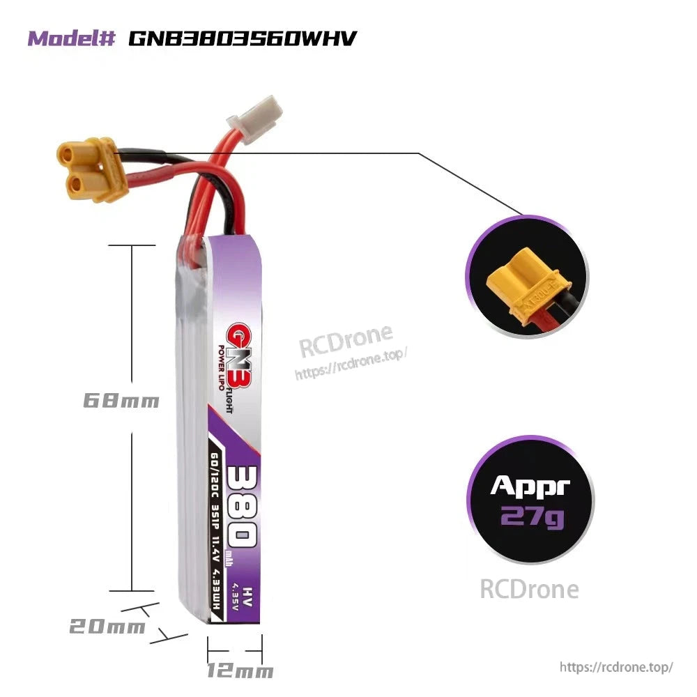 GNB3803S60WHV battery dimensions diagram (68×20×12 mm) with XT30 close-up and approx 27 g