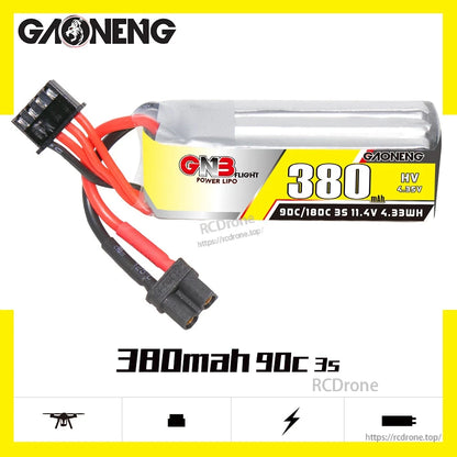 GNB 380mAh 90C 3S 11.4V LiHV battery product graphic with branding and capacity text