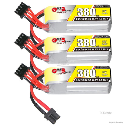 Three-pack bundle of GNB 380 LiHV batteries stacked, showing labels and leads