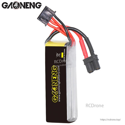 Rear/side view of GAONENG battery showing black back label, balance plug and XT30 lead