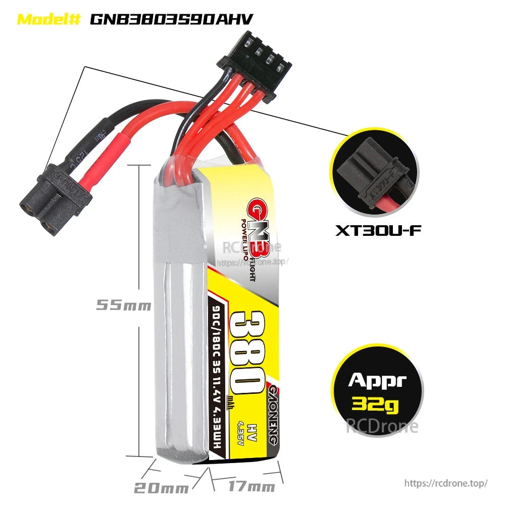 Battery dimensions diagram with XT30U-F connector callout and approximate 32g weight note