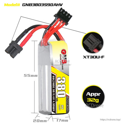 Battery dimensions diagram with XT30U-F connector callout and approximate 32g weight note