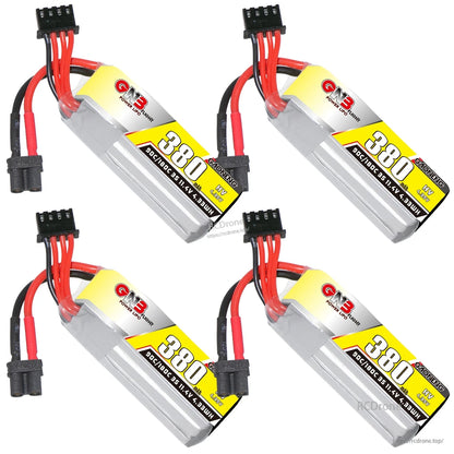 Four GNB 380 LiHV batteries bundle layout, each with balance plug and XT30 connector