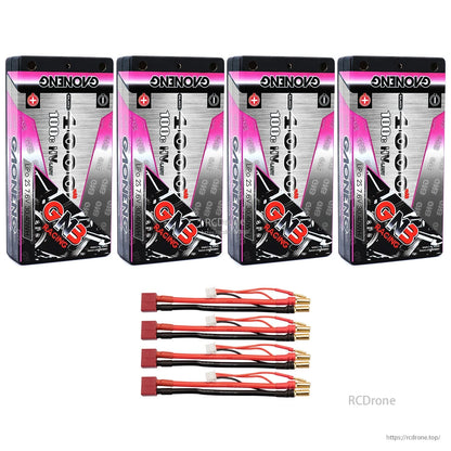 Four GAONENG GNB 4000mAh 100C HV shorty hard case batteries with Deans plug leads