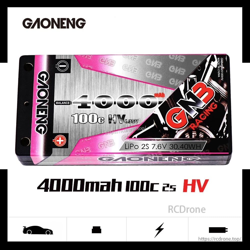 GAONENG GNB 4000mAh 100C HV shorty hard case LiPo battery shown horizontally, label side