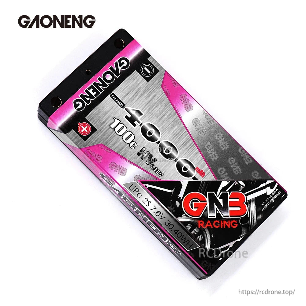 Angled top view of GAONENG GNB Racing 4000mAh 100C HV shorty hard case LiPo battery