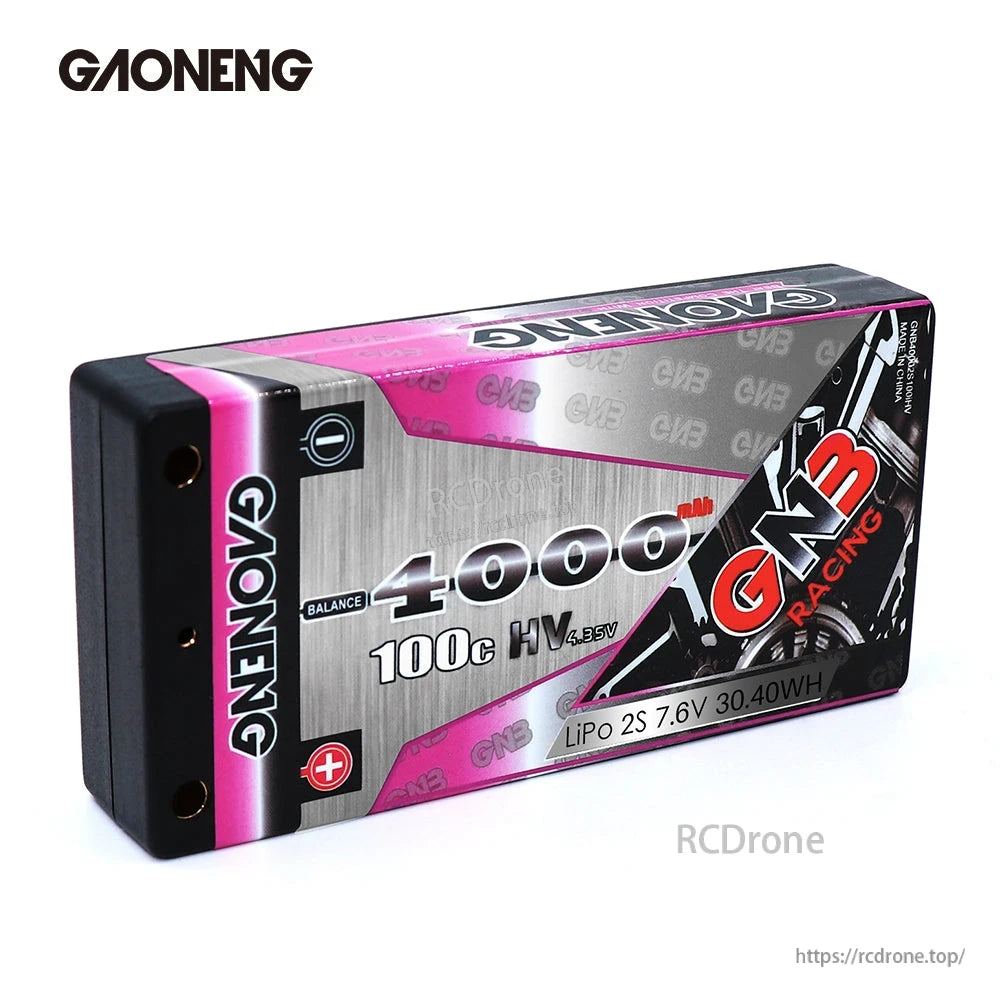 Side perspective of GNB Racing 4000mAh 100C HV shorty hard case LiPo showing end cap