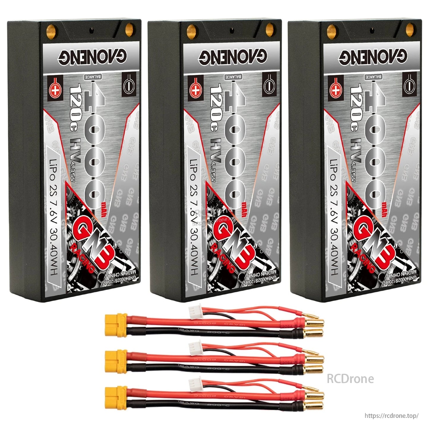 Bundle photo: three GAONENG 4000mAh shorty batteries with three XT60-to-5mm bullet adapter leads