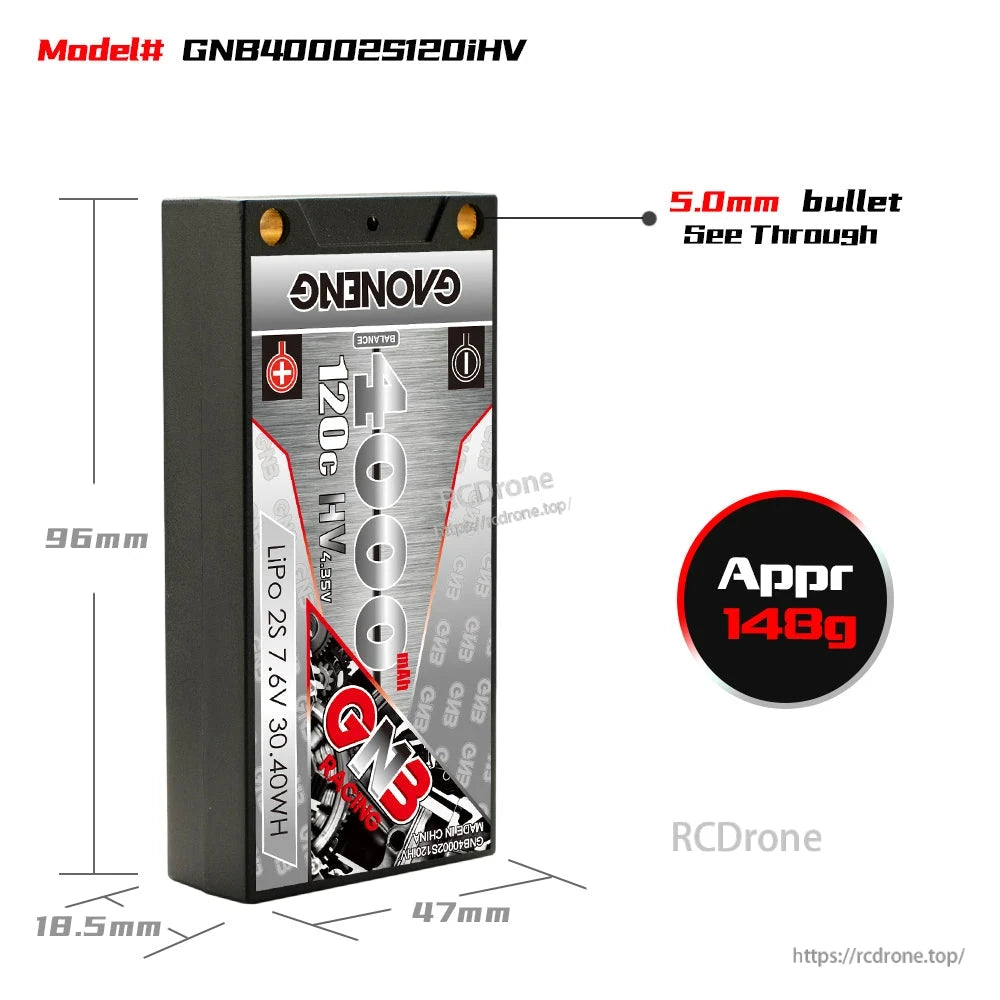 GNB40002S120iHV size chart showing 96 x 47 x 18.5mm dimensions, approx 148g, 5.0mm bullets