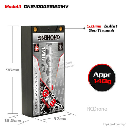 GNB40002S120iHV size chart showing 96 x 47 x 18.5mm dimensions, approx 148g, 5.0mm bullets