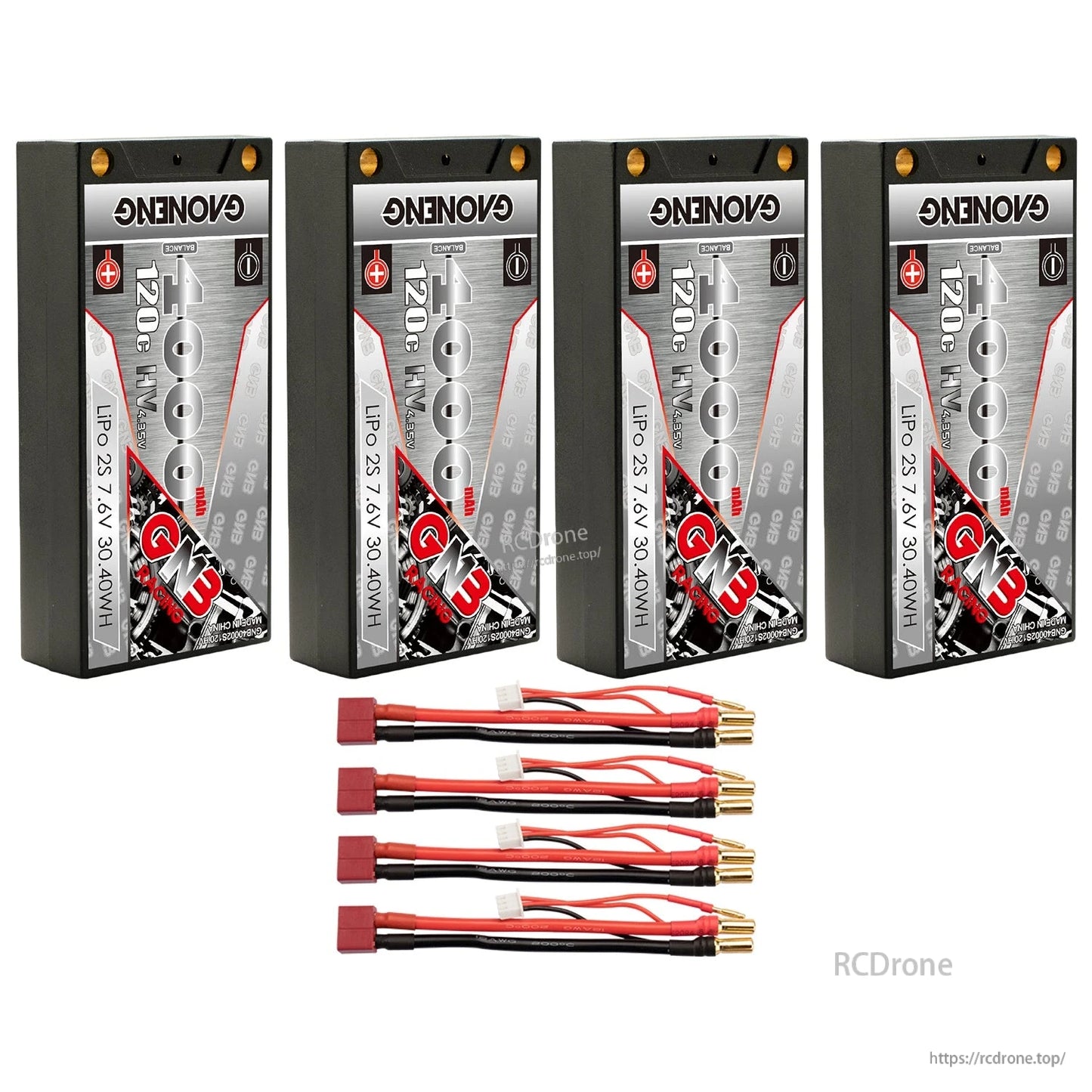 Bundle photo: four GAONENG 4000mAh shorty batteries with four Deans/T-plug to 5mm bullet leads