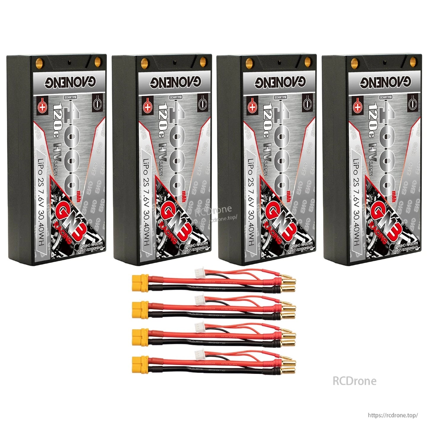Bundle photo: four GAONENG 4000mAh shorty batteries with four XT60-to-5mm bullet adapter leads