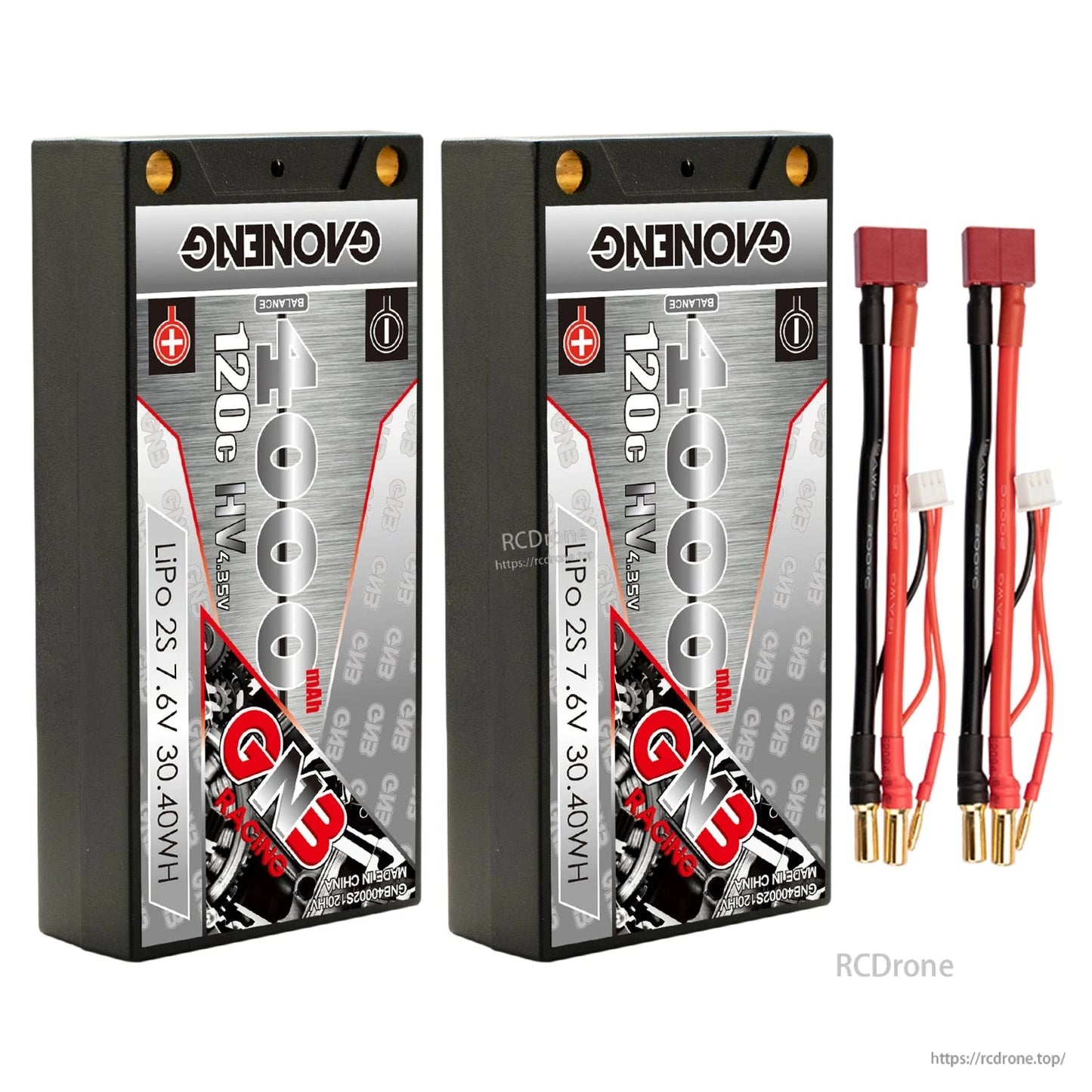 Bundle photo: two GAONENG 4000mAh shorty batteries with two Deans/T-plug to 5mm bullet leads
