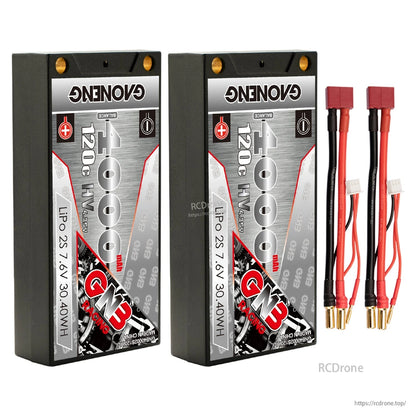 Bundle photo: two GAONENG 4000mAh shorty batteries with two Deans/T-plug to 5mm bullet leads