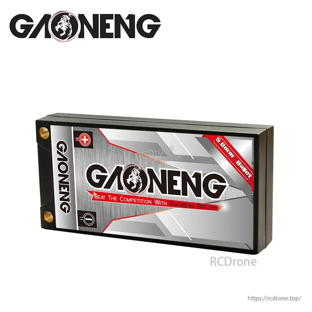 Back side view of GAONENG hard case battery showing rear branding panel and 5.0mm bullet note