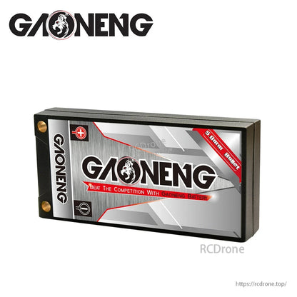 Back side view of GAONENG hard case battery showing rear branding panel and 5.0mm bullet note
