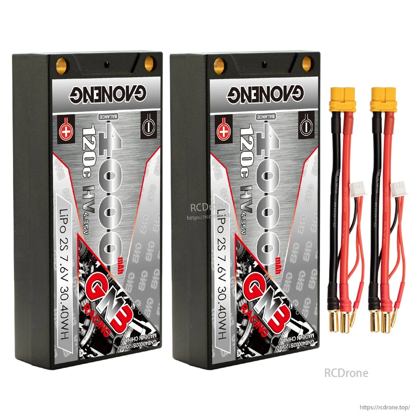 Bundle photo: two GAONENG 4000mAh shorty hard case batteries with two XT60 adapter leads