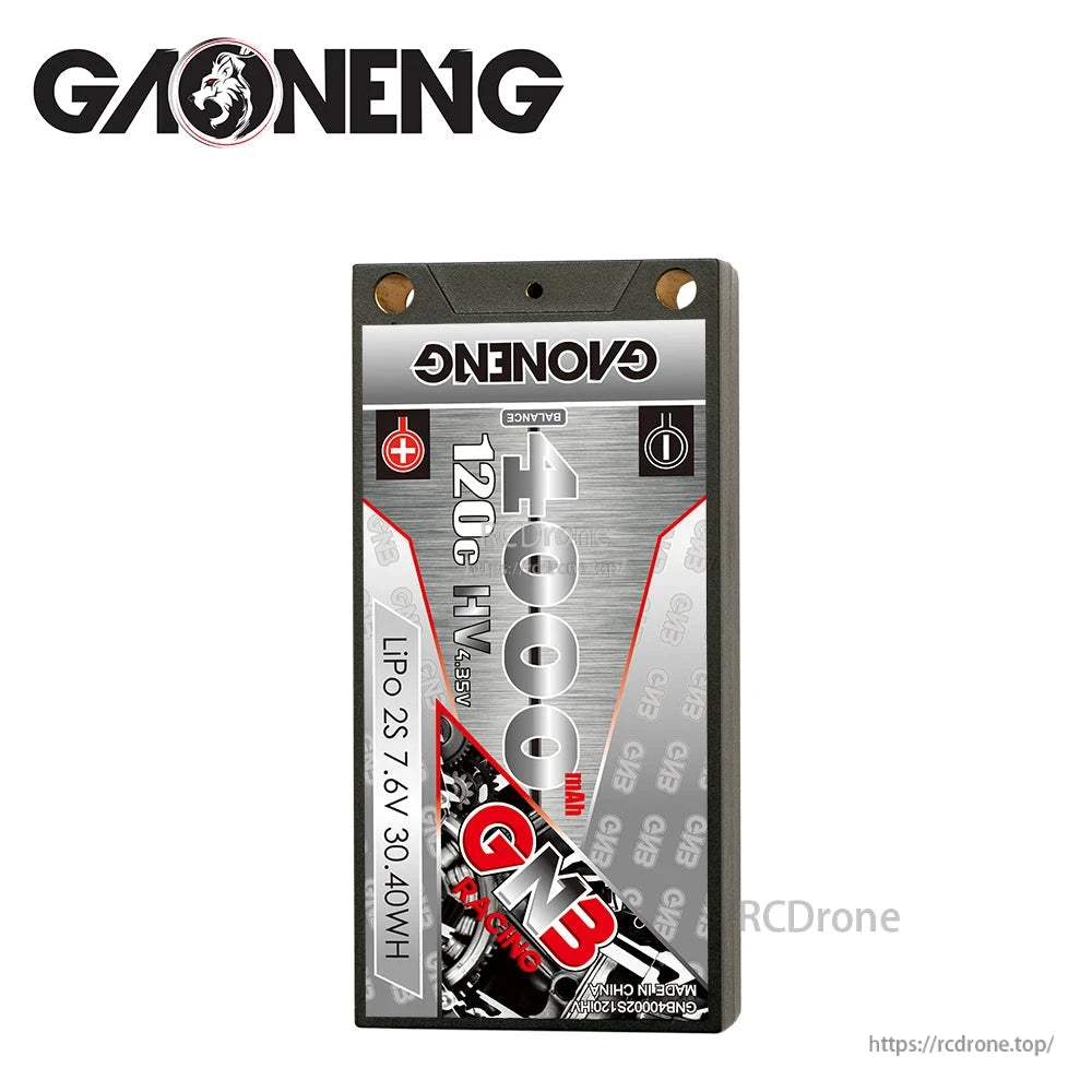 Front label close-up of GAONENG GNB hard case pack showing 4000mAh, 120C HV, LiPo 2S 7.6V