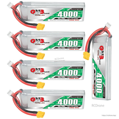 Four GNB 4000mAh LiPo packs plus one upright pack shown together with XT60 connectors