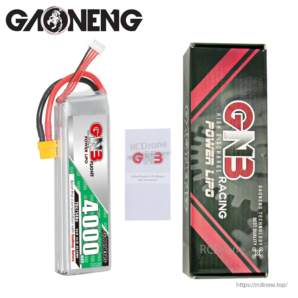 Package contents: GNB 4000mAh LiPo battery, user leaflet, and branded retail box