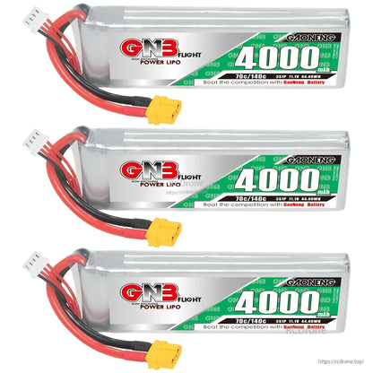 Three GAONENG GNB 4000mAh LiPo battery packs lined up with XT60 connectors