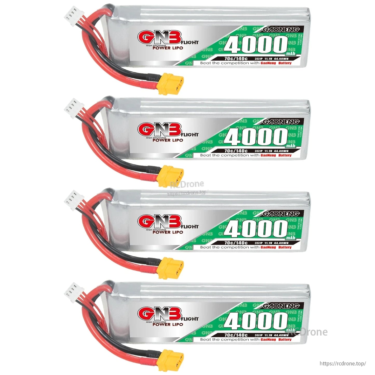 Four GAONENG GNB 4000mAh LiPo battery packs stacked vertically with XT60 connectors