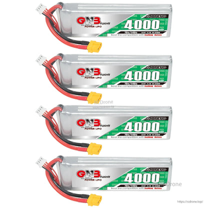 Four GAONENG GNB 4000mAh LiPo battery packs stacked vertically with XT60 connectors