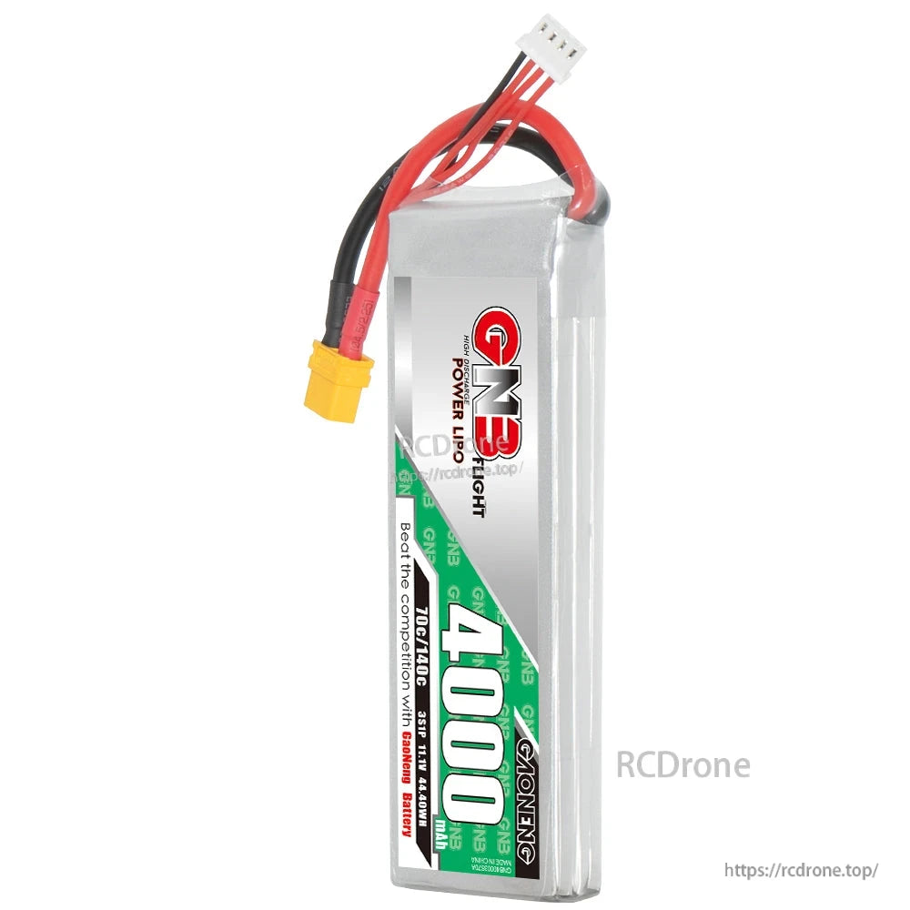 Upright end view of GAONENG GNB 4000mAh LiPo showing wires, XT60 plug, and balance connector