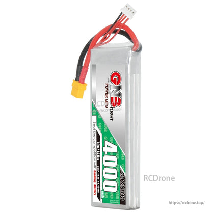 Upright end view of GAONENG GNB 4000mAh LiPo showing wires, XT60 plug, and balance connector
