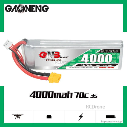 GNB 4000mAh 70C 3S LiPo battery graphic with GAONENG branding and pack shown side-on