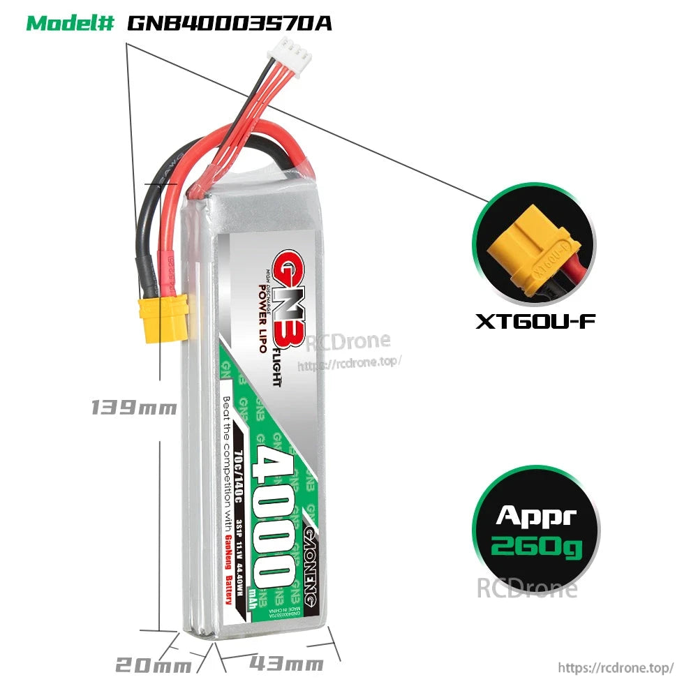 GNB40003S70A battery dimensions diagram with XT60U-F connector close-up and approx 250g note