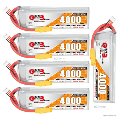 Bundle layout showing four horizontal GNB 4000mAh batteries plus one vertical battery view