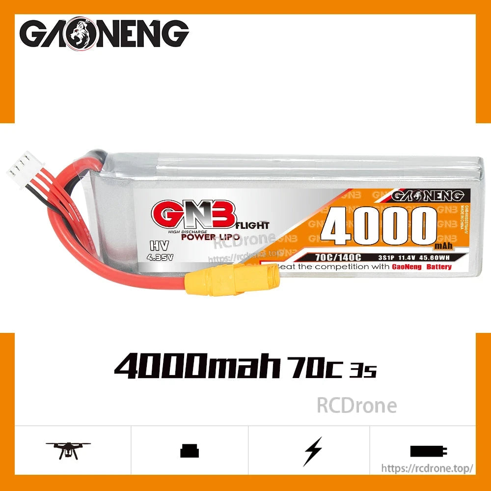 GNB 4000mAh 70C 3S LiHV battery label close-up with 11.4V and discharge rating shown
