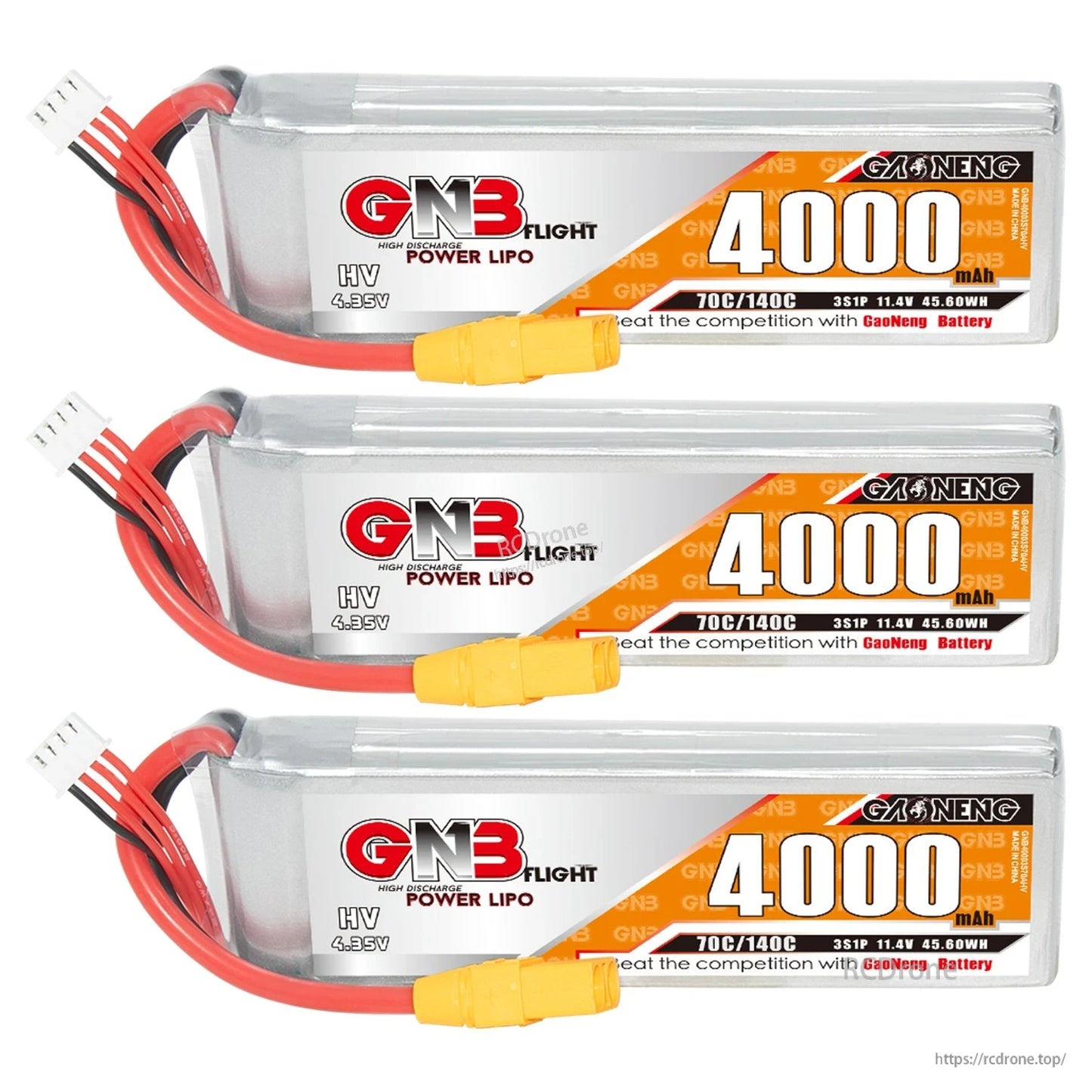Three-pack display of GNB 4000mAh LiHV LiPo batteries with labels and XT90 leads visible