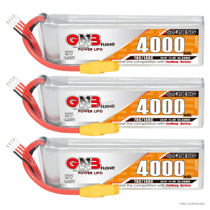 Three-pack display of GNB 4000mAh LiHV LiPo batteries with labels and XT90 leads visible