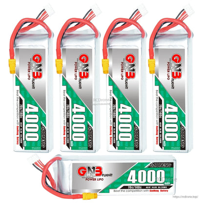 Five-pack layout of GAONENG GNB 4000mAh LiPo batteries, four upright plus one horizontal
