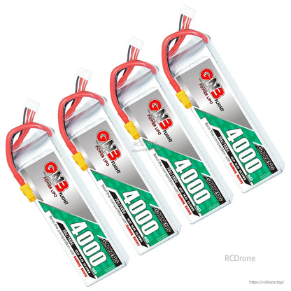 Four GAONENG GNB 4000mAh LiPo batteries angled layout showing labels and XT60 connectors