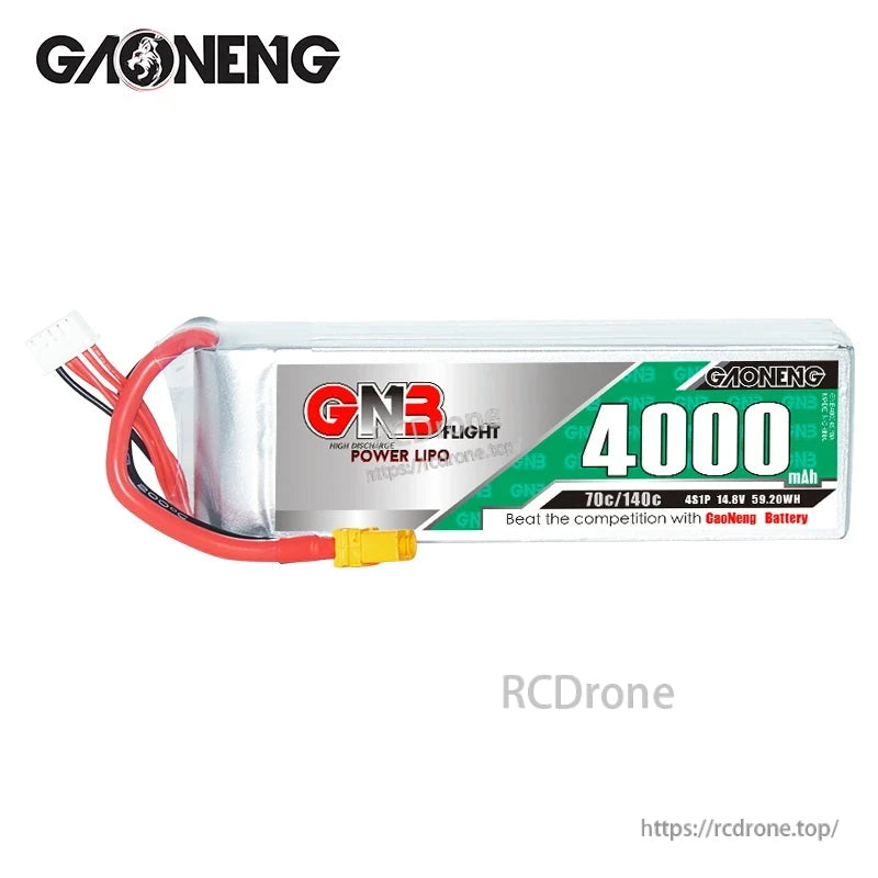 Single GAONENG GNB 4000mAh battery front label close-up with XT60 plug and balance lead