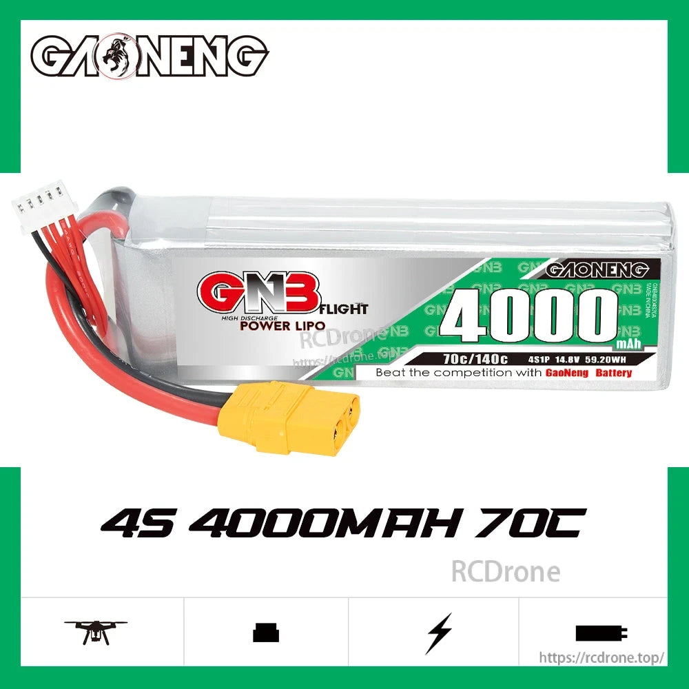 GAONENG GNB 4S 4000mAh 70C LiPo battery graphic with 14.8V label and product icons