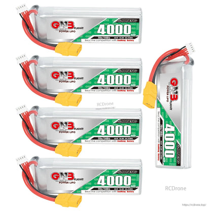 Five-battery bundle display: four horizontal packs plus one vertical GNB 4000 pack with XT90