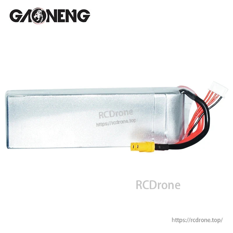 Rear side view of silver LiPo pack showing plain casing and attached XT60 and balance leads