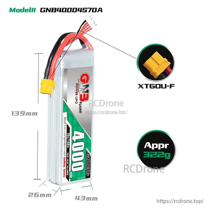 GNB40004S70A battery size diagram 139×43×26mm with XT60U-F connector and 322g weight