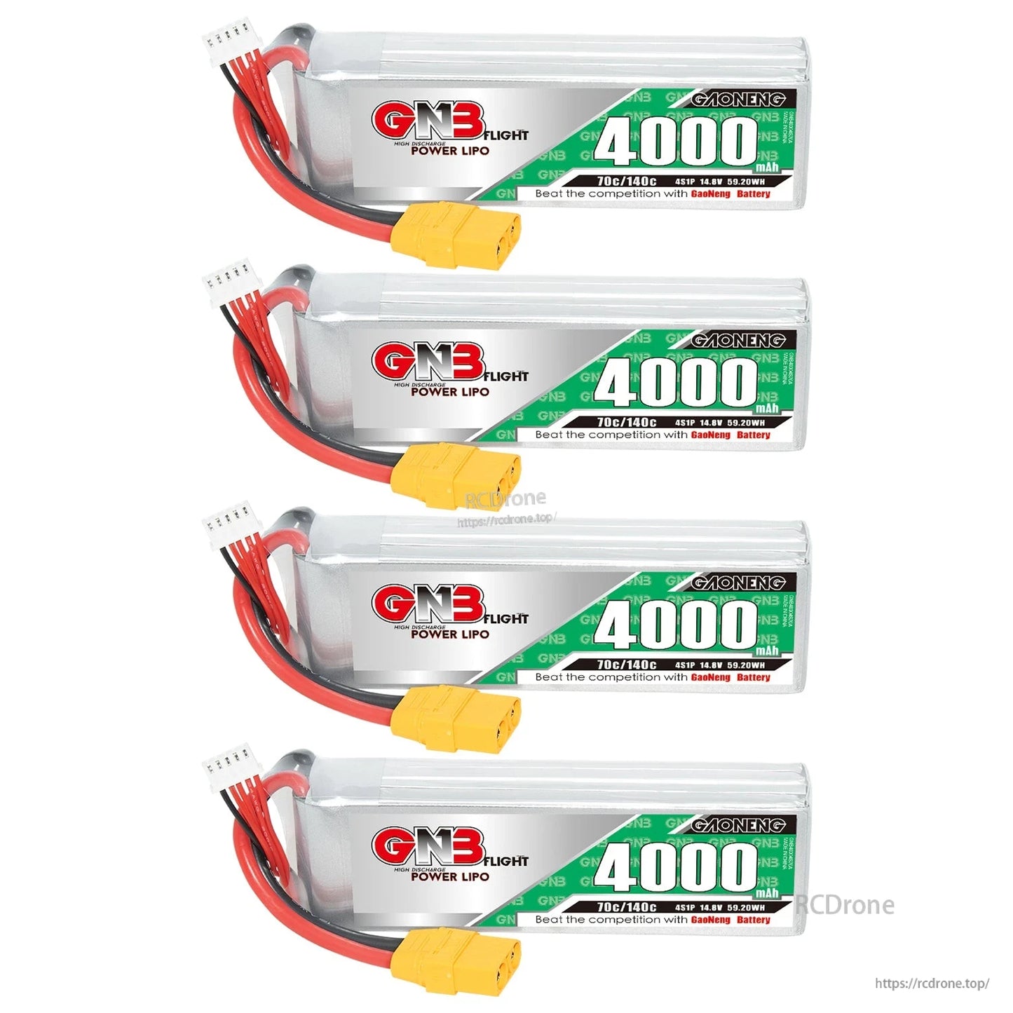 Set of four GNB 4000mAh LiPo batteries shown horizontally with XT90 connectors