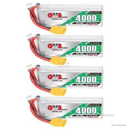 Set of four GNB 4000mAh LiPo batteries shown horizontally with XT90 connectors