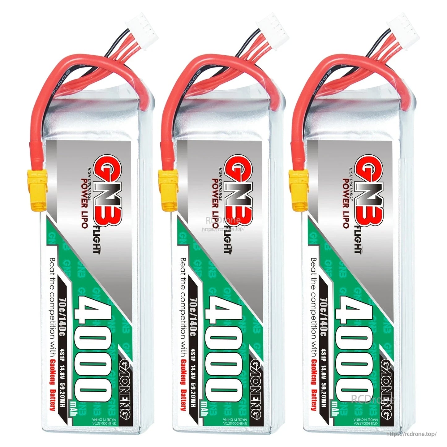 Three GAONENG GNB 4000mAh LiPo batteries standing upright with label facing forward