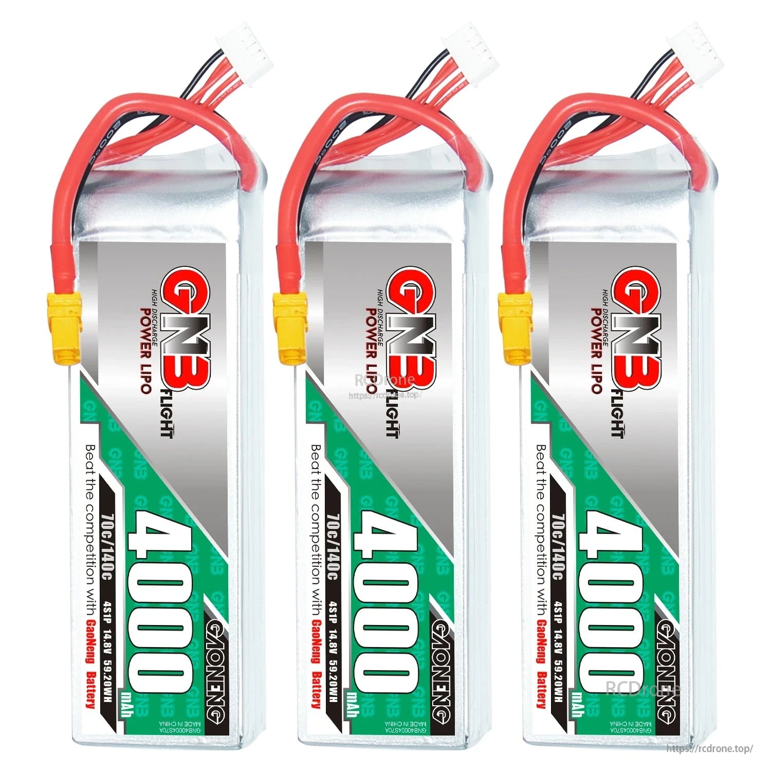 Three GAONENG GNB 4000mAh LiPo batteries standing upright with label facing forward