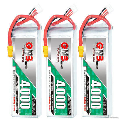 Three GAONENG GNB 4000mAh LiPo batteries standing upright with label facing forward