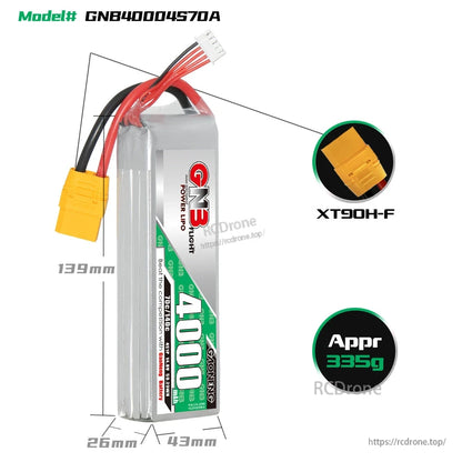 GNB40004S70A size and connector details: 139×43×26mm, XT90H-F plug, approx 335g