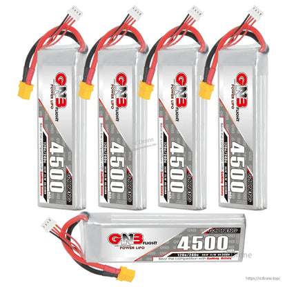 Set of five GNB 4500 LiPo batteries, four upright and one horizontal showing label and leads